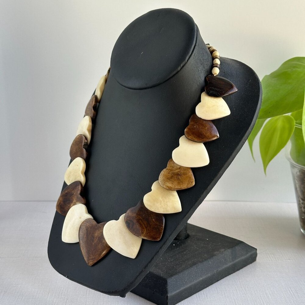 Vintage Horn Statement Necklace, Graduated Brown & Cream Panels, African Tribal - Picture 2 of 9